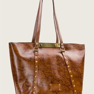 PATRICIA NASH BENVENUTO ITALY MAP BROWN LEATHER ANTIQUE BRASS XLARGE TOTE BAG.
